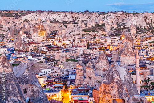 Cylindrical stone cliffs and cave houses in Goreme  Turkey