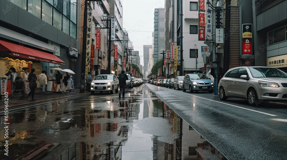 a city street with cars and people walking on the side walk in the rain storming down the middle part of the street
