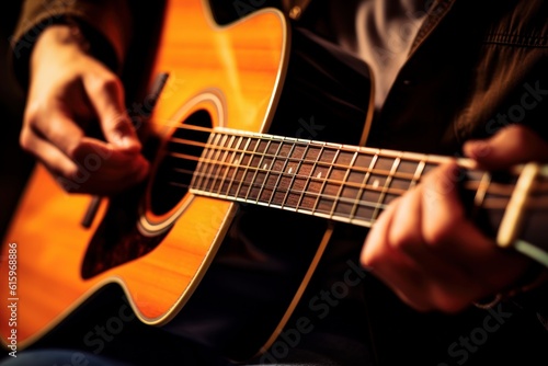 a closeup photo of a guitarist guy playing a classic acoustic guitar. fingerstyle playing on strings. Generative AI photo