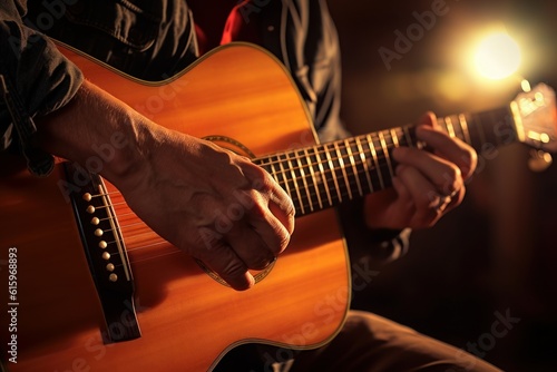 a closeup photo of a guitarist guy playing a classic acoustic guitar. fingerstyle playing on strings. Generative AI photo