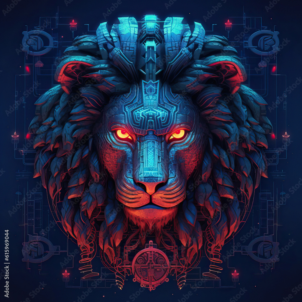 Cyborg lion head that features deep blue and crimson