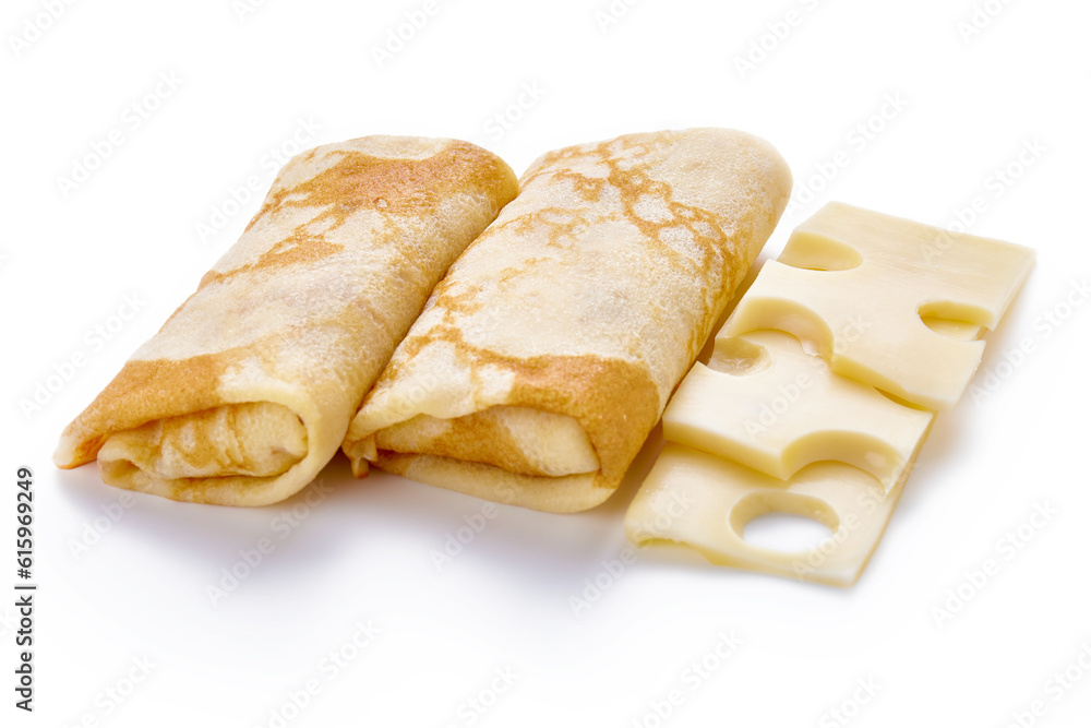 Delicious pancakes with cheese on white plate isolated on a white background Delicious pancakes with cheese on white plate isolated on a white background