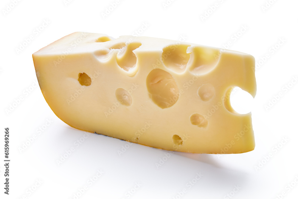 A piece of cheese is isolated on a white background A piece of cheese is isolated on a white background