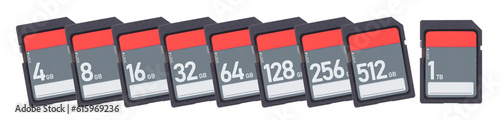 SD Memory cards isolated on white background - Range from 4gb to 1tb photo