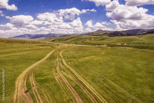 aerial view of tourist path winding uphill the mountain ridge. carpathian landscape with grassy alpine meadows on a sunny day