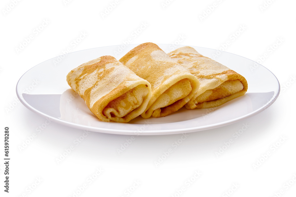 Delicious pancakes with meat on white plate isolated on a white background Delicious pancakes with meat on white plate isolated on a white background