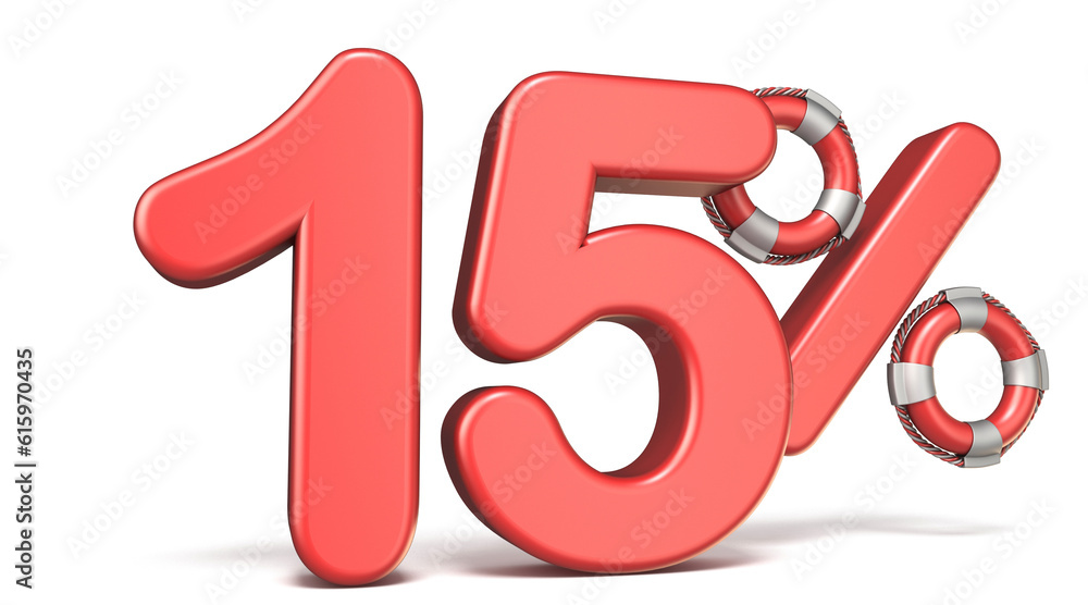 Life buoy 15 percent sign 3D render illustration isolated on white background Life buoy 15 percent sign 3D render illustration isolated on white background