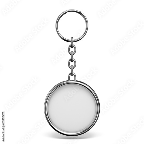 Blank metal trinket with a ring for a key circle shape 3D rendering illustration isolated on white background