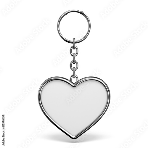 Blank metal trinket with a ring for a key heart shape 3D rendering illustration isolated on white background