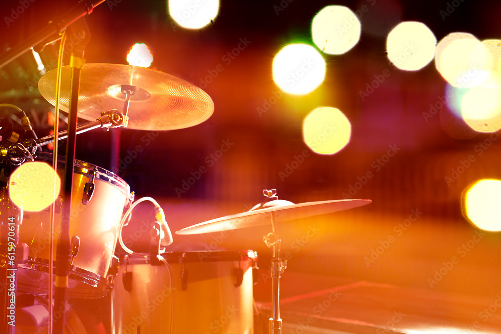 Fotografie Live music background.Drum on stage and concert lights
