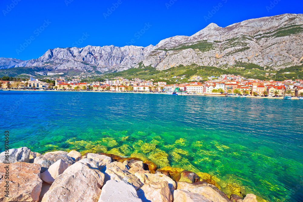Makarska turquoise waterfront and Biokovo mountain view, Dalmatia region of Croatia