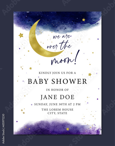 Baby shower watercolor invitation card template with stars and moon background