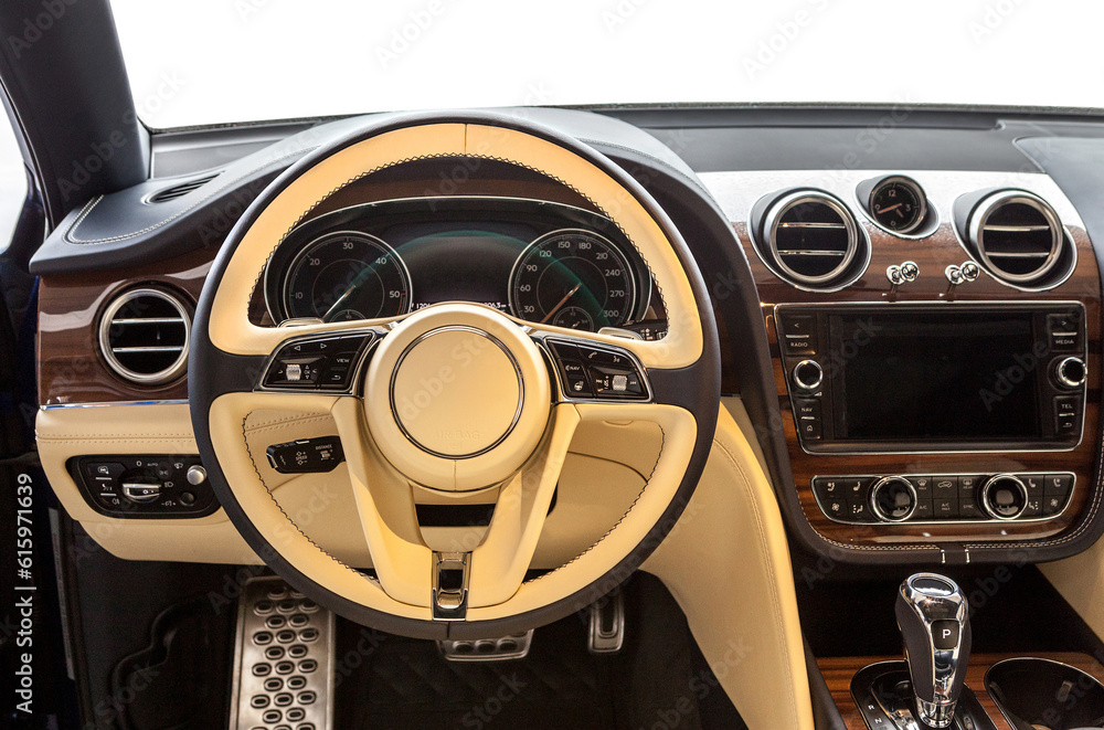 pov modern interior of premium car with leather milky cockpit seats