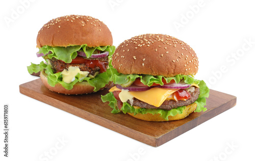 Delicious burgers with beef patty and lettuce isolated on white