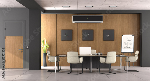 Fototapeta Naklejka Na Ścianę i Meble -  Black and wooden boardroom with modern office furniture and closed door - 3d rendering