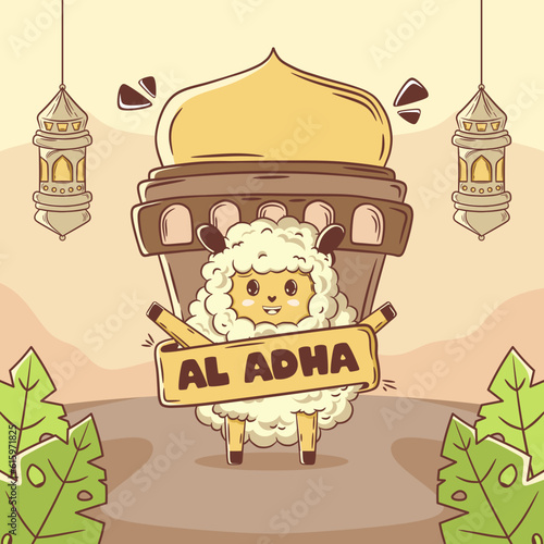 Eid al adha mubarak with cute sheep illustration. Cartoon vector illustration