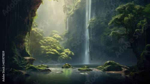 mystical hidden waterfall cascading down a lush