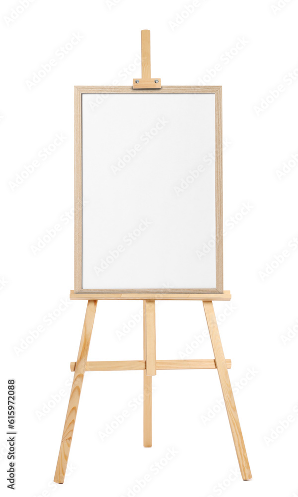Wooden easel with blank canvas on white background. Mockup for design Wooden easel with blank canvas on white background. Mockup for design