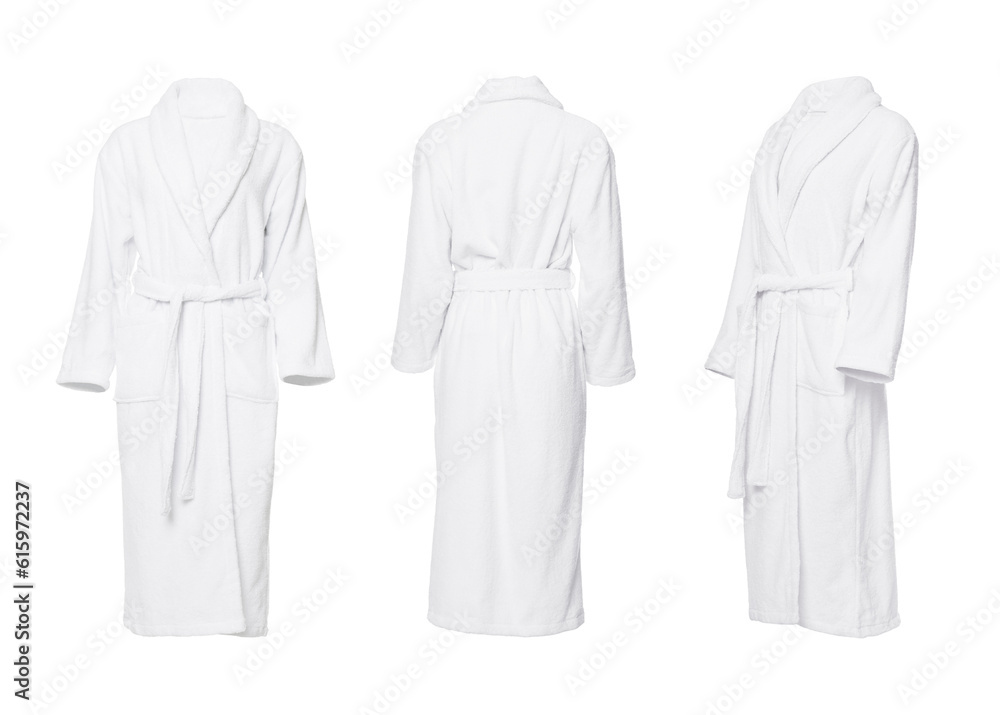 Collage with clean terry bathrobe on white background, different views Collage with clean terry bathrobe on white background, different views