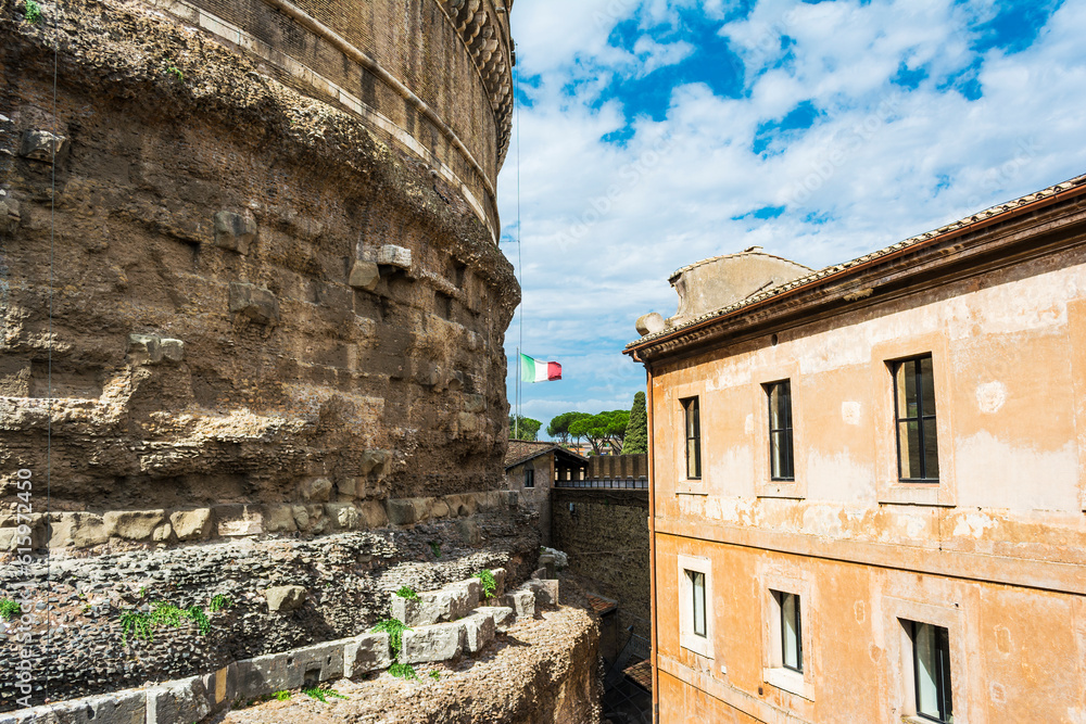 View of the Castel Sant Angelo in Rome, Italy. Medieval historic structure of Sant Angelo.