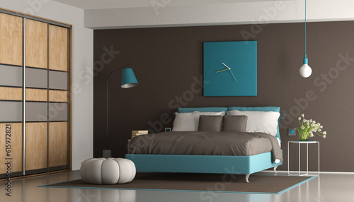 Blue and brown modern master bedroom with double bed and wardrobe - 3d rendering