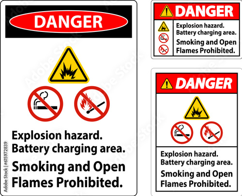 Danger Sign Explosion Hazard  Battery Charging Area  Smoking And Open Flames Prohibited
