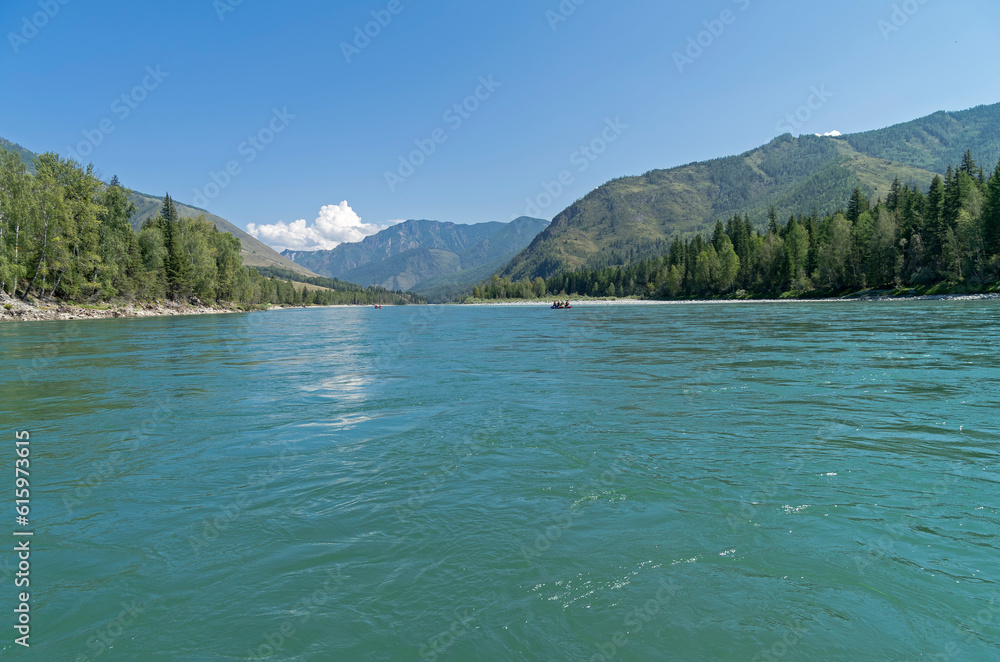 Katun river, Altay, Russia. View downstream from the middle of the river. Sunny summer day.