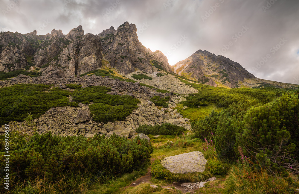 Mountain Landscape with Dramatic Glowing Sky. Mlynicka Valley, High Tatra, Slovakia.