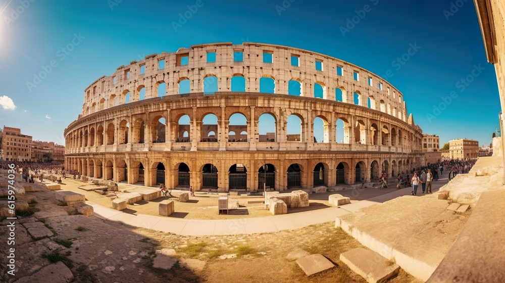 tourists visit colosseum summer panoramic view