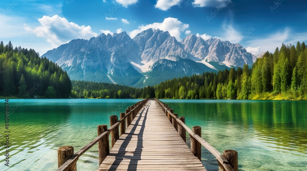 Breathtaking view of Fusine lake with Mangart peak on background. Popular travel destination of Mediterranean sea. Location: Tarvisio comune , spring