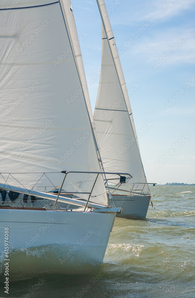 Two sailing boats, sailboat or yachts at sea