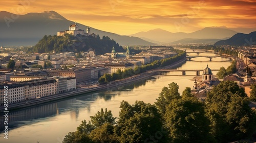 Panoramic view over city Salzburg at summer morning, Salzburg, Austria