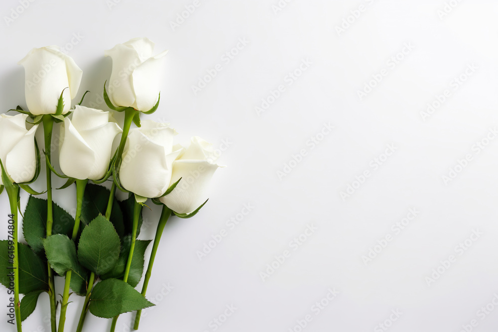 Fototapeta premium A bunch of white roses sitting on top of a table. Generative AI.