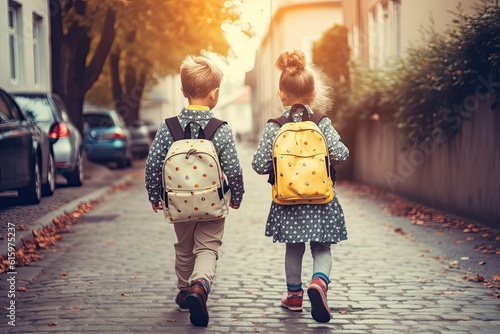 Illustration of kids carrying schoolbags, back to school, first day at school, dotted backpacks, Generative AI
