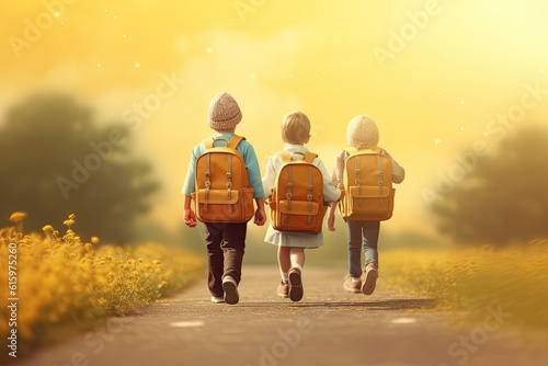 Illustration of kids carrying schoolbags, back to school, first day at school, dotted backpacks, Generative AI © steffenak