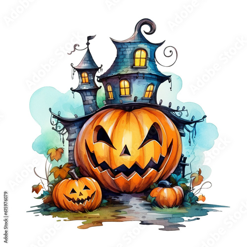 A drawing of a halloween house with pumpkins. Generative AI.
