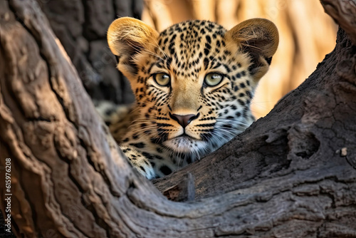 a leopard cub peering out from behind a tree in the kruger national park, south africa photo by david evans