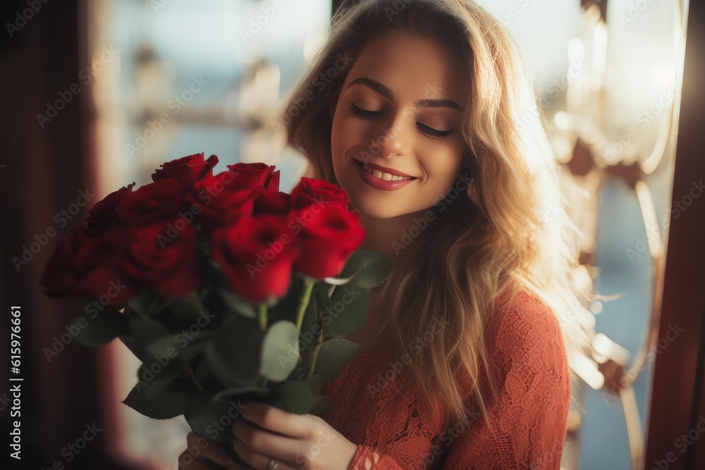 a beautiful young smiling white caucasian woman receiving a roses bouquet for the valentine's day on the 14th february. beautiful modern city in the blurry background. Generative AI a beautiful young smiling white caucasian woman receiving a roses bouquet for the valentine's day on the 14th february. beautiful modern city in the blurry background. Generative AI