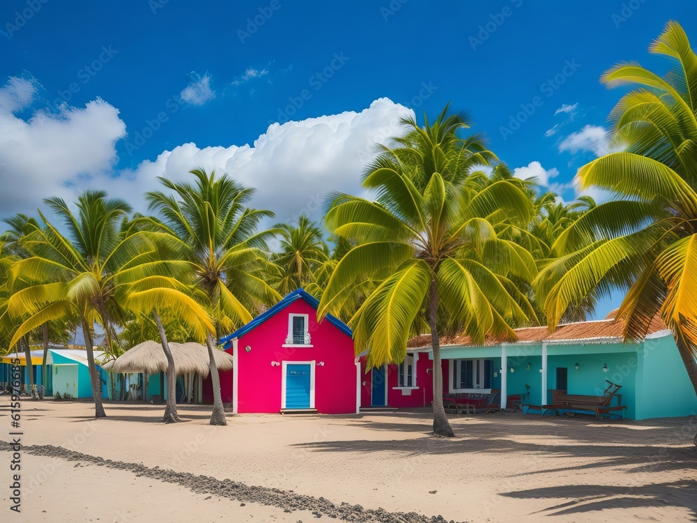 Fototapeta premium Colorful houses on Catalina beach, Dominican republic with palm trees. Generative AI