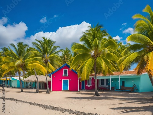 Colorful houses on Catalina beach, Dominican republic with palm trees. Generative AI © Diatomic