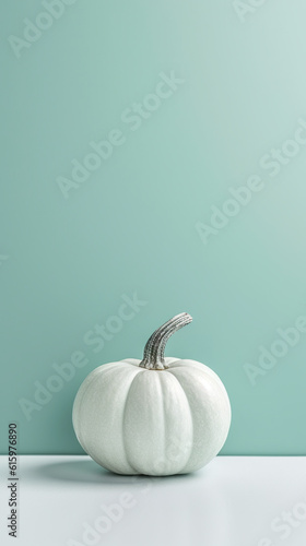 A white pumpkin sitting on top of a table. Generative AI. Mint green monochromatic Fall background.