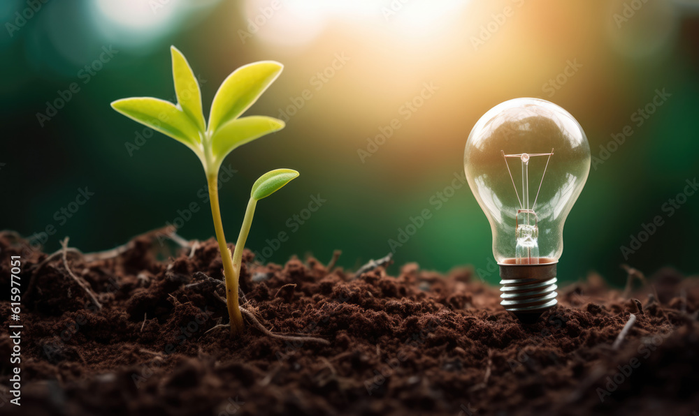 light bulb plant inside dark nature compositing green leaves recycled props containing trees simplicity connectedness solar power thick jungle shining lamps white paper. - obrazy, fototapety, plakaty 