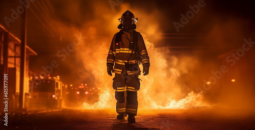 A male firefighters in a street with a building on fire. Generative AI.