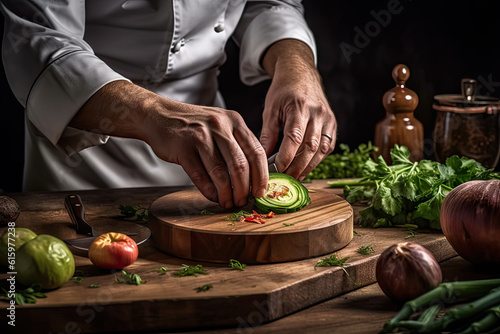 someone cutting an avocal on a wooden board with vegetables and herbs in the photo is dark, but there's no photo