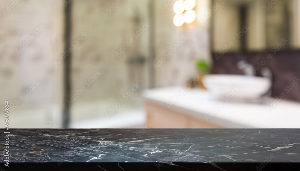 Empty marble top table with blurred bathroom interior Background. for product display montage Empty marble top table with blurred bathroom interior Background. for product display montage