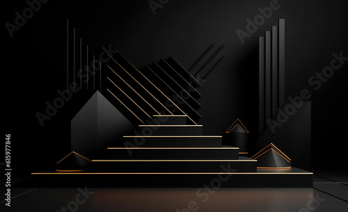 A set of stairs in a dark room. Generative AI. Beauty product podium with copy space.