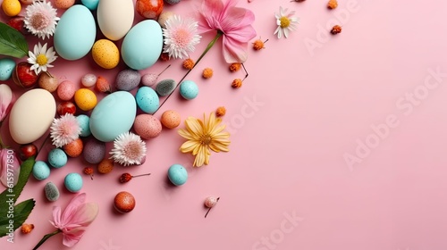 Colorful eggs and plants on pastel background for Happy Easter Day