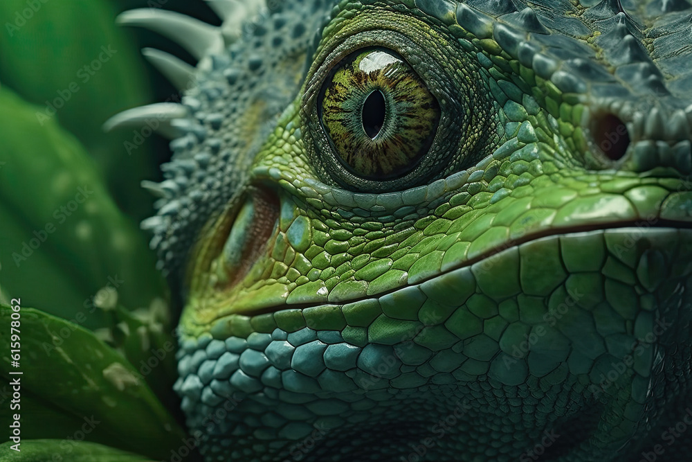 a lizard's face with green leaves in the background and an eye that is looking into the camera lens
