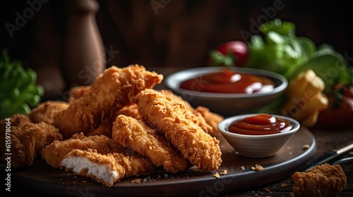 Closeup Chicken Tenders with vegetable ornament on blurred background