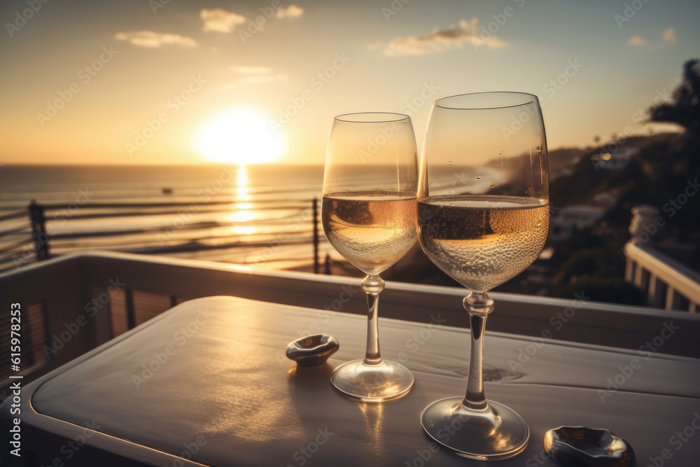 The beauty of champagne is captured in this stunning photo of two glasses on a table at golden hour, perfect for any celebration. AI Generative.